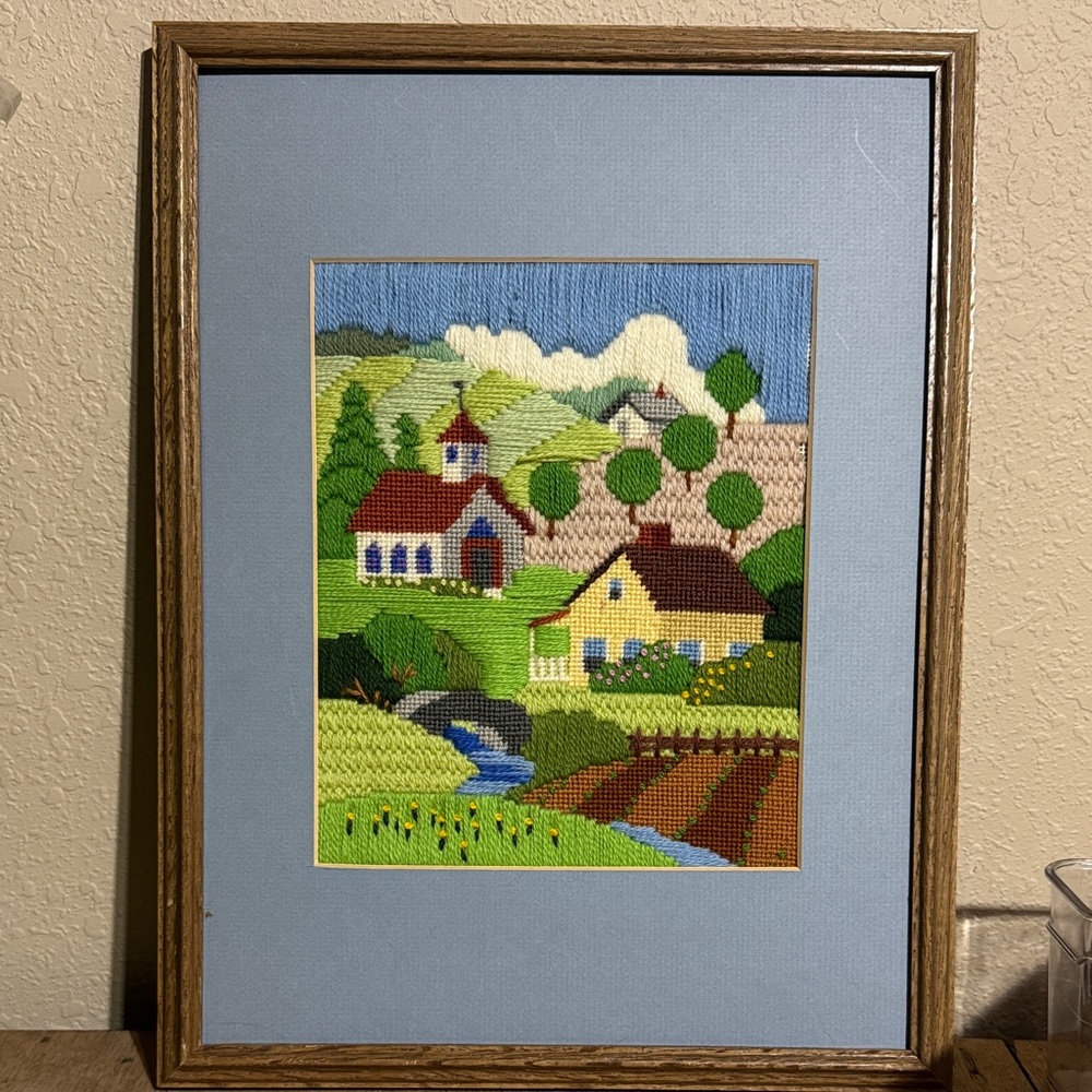 Framed Landscape Embroidery Art in Blue and Green